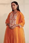 Shop_HOUSE OF PINK_Orange Chanderi Silk Embroidered Pearl Work Round Notched Kurta Set _Online_at_Aza_Fashions