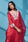 Shop_HOUSE OF PINK_Red Chanderi Silk Embroidered Pearl Work V Neck Kurta Set _Online_at_Aza_Fashions