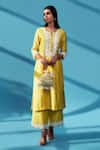 Buy_HOUSE OF PINK_Yellow Chanderi Silk Embroidered Pearl Work Round Notched Kurta Set _Online_at_Aza_Fashions