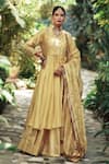 Shop_HOUSE OF PINK_Yellow Chanderi Embroidery U Neck Kurta Lehenga Set _at_Aza_Fashions