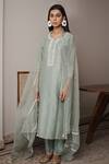 House Of Pink_Green Organza, Chanderi Round Kurta Set _Online_at_Aza_Fashions