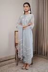 House Of Pink_Blue Organza, Chanderi Mandarin Collar Kurta Set _Online_at_Aza_Fashions