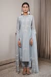 Shop_House Of Pink_Blue Organza, Chanderi Mandarin Collar Kurta Set _at_Aza_Fashions