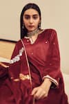 Shop_House Of Pink_Maroon Pure Velvet Notched Embroidered Kurta Set _Online_at_Aza_Fashions