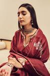 House Of Pink_Maroon Pure Velvet Notched Embroidered Kurta Set _at_Aza_Fashions