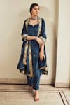 Buy_HOUSE OF PINK_Blue Pure Velvet Embroidery U Neck Kurta Set _at_Aza_Fashions