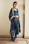 HOUSE OF PINK_Blue Pure Velvet Embroidery U Neck Kurta Set _Online_at_Aza_Fashions