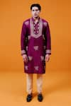 Buy_WABI SABI BY ANSHUM-RITESH_Magenta Chanderi Hand Embroidered Aari Work Sea Kurta Set _at_Aza_Fashions