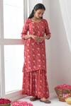 Negra Elegante_Pink Cotton Silk Hand Embroidered Mirror Work Peony Printed Kurta Sharara Set _Online_at_Aza_Fashions