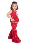Neha Gursahani_Red Cotton Tassels, Pom-poms Bandhani Peplum Tunic And Sharara Set _Online_at_Aza_Fashions
