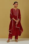 Buy_Ikshita Choudhary_Red Chanderi Embroidered Sequin Notched Kurta Pant Set_at_Aza_Fashions