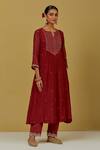 Ikshita Choudhary_Red Chanderi Embroidered Sequin Notched Kurta Pant Set_Online_at_Aza_Fashions