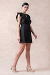 Thetaa_Black Rayon Solid Round Ruffle Sleeve Short Dress _Online_at_Aza_Fashions