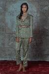 Buy NIDHIKA SHEKHAR Blue Modal Crop Top V Neck, Jacket Notched Lapel Printed And Pant Set at Aza Fashions Buy_NIDHIKA SHEKHAR_Blue Modal Crop Top V Neck, Jacket Notched Lapel Printed And Pant Set _at_Aza_Fashions