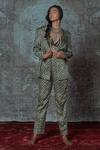 Shop NIDHIKA SHEKHAR Blue Modal Crop Top V Neck, Jacket Notched Lapel Printed And Pant Set at Aza Fashions Shop_NIDHIKA SHEKHAR_Blue Modal Crop Top V Neck, Jacket Notched Lapel Printed And Pant Set _at_Aza_Fashions