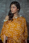 Shop_Nidhika Shekhar_Yellow Modal Asymmetric Floral Print Draped Dress _at_Aza_Fashions