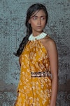 Shop_Nidhika Shekhar_Yellow Modal Halter Floral Print Draped Dress _at_Aza_Fashions