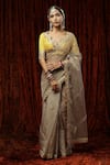 Buy_SHIKHAR SHARMA_Beige Embroidered Badla Scallop V Neck Silk Organza Saree With Blouse _at_Aza_Fashions