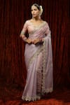 Buy_SHIKHAR SHARMA_Purple Embroidered Badla Scallop V Neck Saree With Checkered Blouse _at_Aza_Fashions