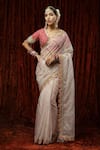 Buy_SHIKHAR SHARMA_Peach Embroidered Badla Scallop V Neck Silk Organza Saree With Blouse _at_Aza_Fashions