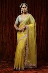 Buy_Shikhar Sharma_Yellow Embroidered Badla Scallop V Neck Saree With Silk Chanderi Blouse _at_Aza_Fashions