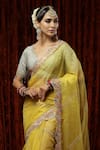 Buy_Shikhar Sharma_Yellow Embroidered Badla Scallop V Neck Saree With Silk Chanderi Blouse _Online_at_Aza_Fashions