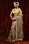 SHIKHAR SHARMA_Beige Embroidered Badla Scallop V Neck Silk Organza Saree With Blouse _Online_at_Aza_Fashions