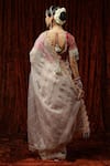 Shop_SHIKHAR SHARMA_Peach Embroidered Badla Scallop V Neck Silk Organza Saree With Blouse _at_Aza_Fashions