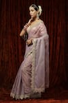 SHIKHAR SHARMA_Purple Embroidered Badla Scallop V Neck Saree With Checkered Blouse _Online_at_Aza_Fashions