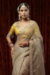 Buy_SHIKHAR SHARMA_Beige Embroidered Badla Scallop V Neck Silk Organza Saree With Blouse _Online_at_Aza_Fashions