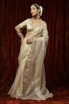 SHIKHAR SHARMA_Ivory Embroidered Badla Scallop Neck Saree With Silk Chanderi Blouse _Online_at_Aza_Fashions