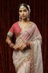 Buy_SHIKHAR SHARMA_Peach Embroidered Badla Scallop V Neck Silk Organza Saree With Blouse _Online_at_Aza_Fashions