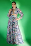 Buy_Rishi and Vibhuti_Blue Crepe Floral U Neck Crop Top And Skirt Set _at_Aza_Fashions