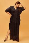 Buy_Pink City by Sarika_Black Silk Embroidery V Neck Bandhani Print Kaftan _at_Aza_Fashions