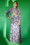 Shop_Rishi and Vibhuti_Blue Crepe Floral U Neck Crop Top And Skirt Set _at_Aza_Fashions