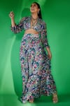 Rishi and Vibhuti_Blue Crepe Floral U Neck Crop Top And Skirt Set _Online_at_Aza_Fashions