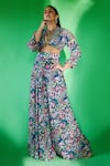 Buy_Rishi and Vibhuti_Blue Crepe Floral U Neck Crop Top And Skirt Set _Online_at_Aza_Fashions