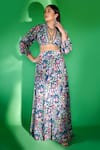 Shop_Rishi and Vibhuti_Blue Crepe Floral U Neck Crop Top And Skirt Set _Online_at_Aza_Fashions