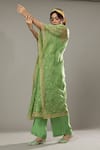 Shop_I AM Design_Green Silk Organza Floral Appliques, Sequins Apple Candy Kaftan And Pant Set _Online_at_Aza_Fashions