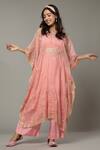 Buy_I Am Design_Pink Silk Organza Floral Appliques, Sequins Candy Floss Kaftan And Pant Set _at_Aza_Fashions