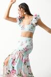 Shop_THE IASO_Blue Cotton Printed Floral Square Neck Garden Crop Top And Midi Skirt Set _Online_at_Aza_Fashions