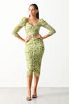 THE IASO_Green Viscose Gold Dot Lurex Chiffon Printed Sinuous Motifs Sander Bodycon Dress _Online_at_Aza_Fashions