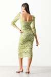 Shop_THE IASO_Green Viscose Gold Dot Lurex Chiffon Printed Sinuous Motifs Sander Bodycon Dress _at_Aza_Fashions