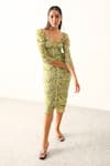 Buy_THE IASO_Green Viscose Gold Dot Lurex Chiffon Printed Sinuous Motifs Sander Bodycon Dress _Online_at_Aza_Fashions