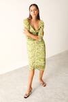 Shop_THE IASO_Green Viscose Gold Dot Lurex Chiffon Printed Sinuous Motifs Sander Bodycon Dress _Online_at_Aza_Fashions