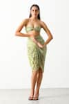 THE IASO_Green Viscose Crinkle Chiffon Printed Sinuous Motifs Sander Bandeau And Skirt Set _Online_at_Aza_Fashions