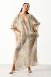 Buy_THE IASO_White Viscose Crinkle Chiffon Printed Floral Plunge Neck Maisy Kaftan Cover Up _at_Aza_Fashions