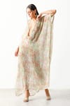 THE IASO_White Viscose Crinkle Chiffon Printed Floral Plunge Neck Maisy Kaftan Cover Up _Online_at_Aza_Fashions