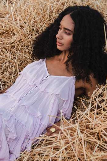 The Iaso_Purple Crinkle Cotton Solid V Neck Ruffle Tiered Dress _Online_at_Aza_Fashions