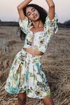 Shop_THE IASO_White Polyester Satin Floral Sweetheart Neck Riona Crop Top And Shorts Set _at_Aza_Fashions